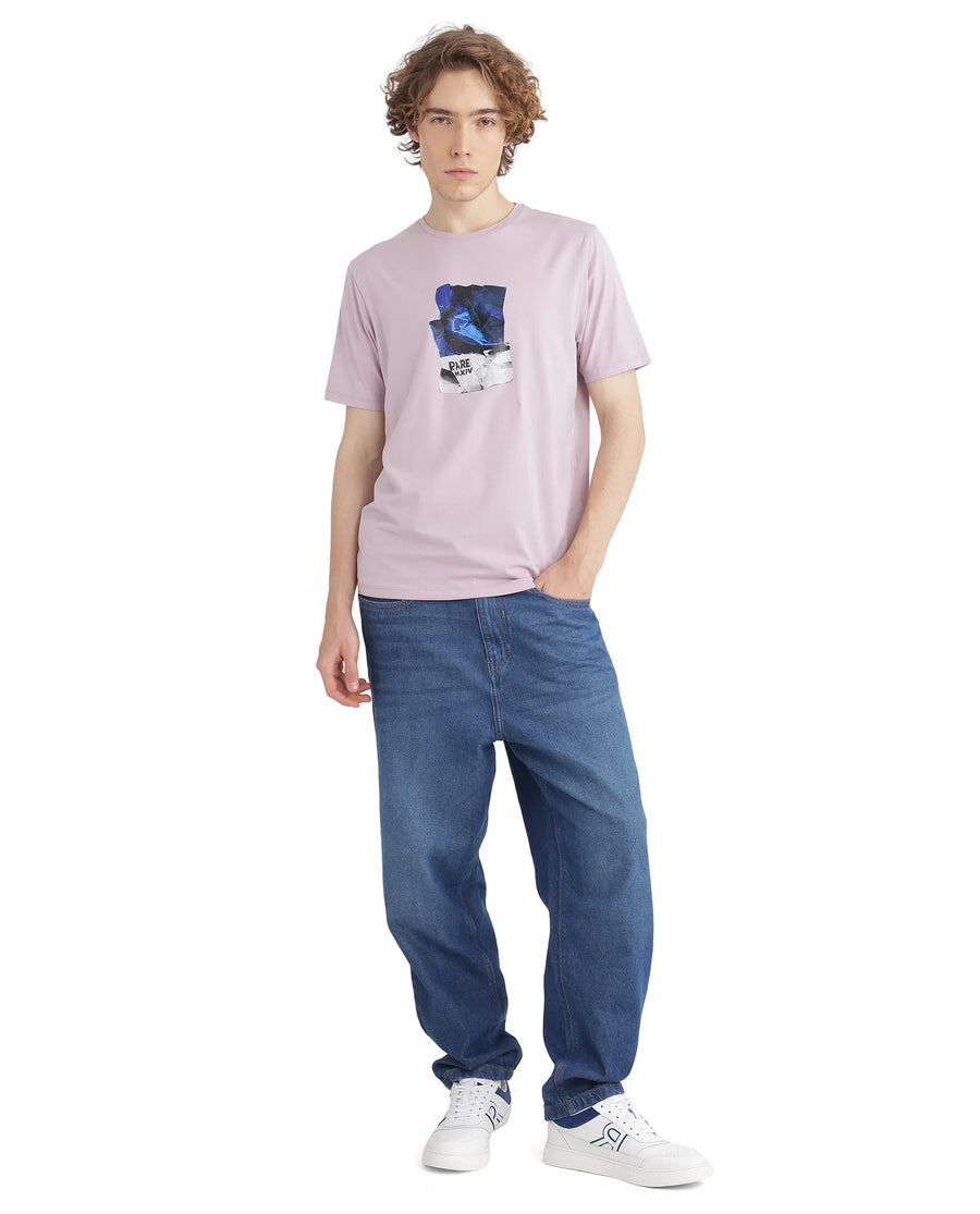 Rare Rabbit Men's Zarf Dusky Pink Cotton Blend Graphic Print Regular Fit Half Sleeve Crew Neck T-Shirt