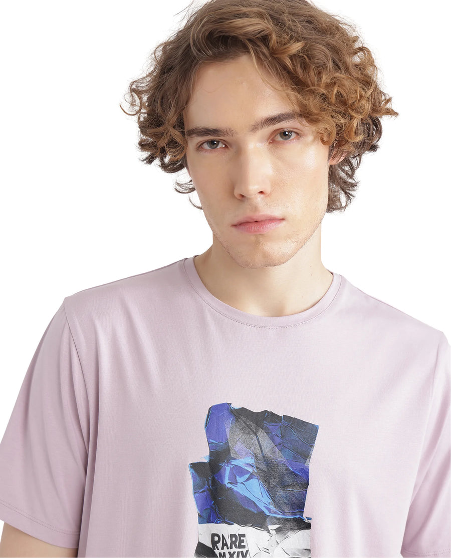 Rare Rabbit Men's Zarf Dusky Pink Cotton Blend Graphic Print Regular Fit Half Sleeve Crew Neck T-Shirt
