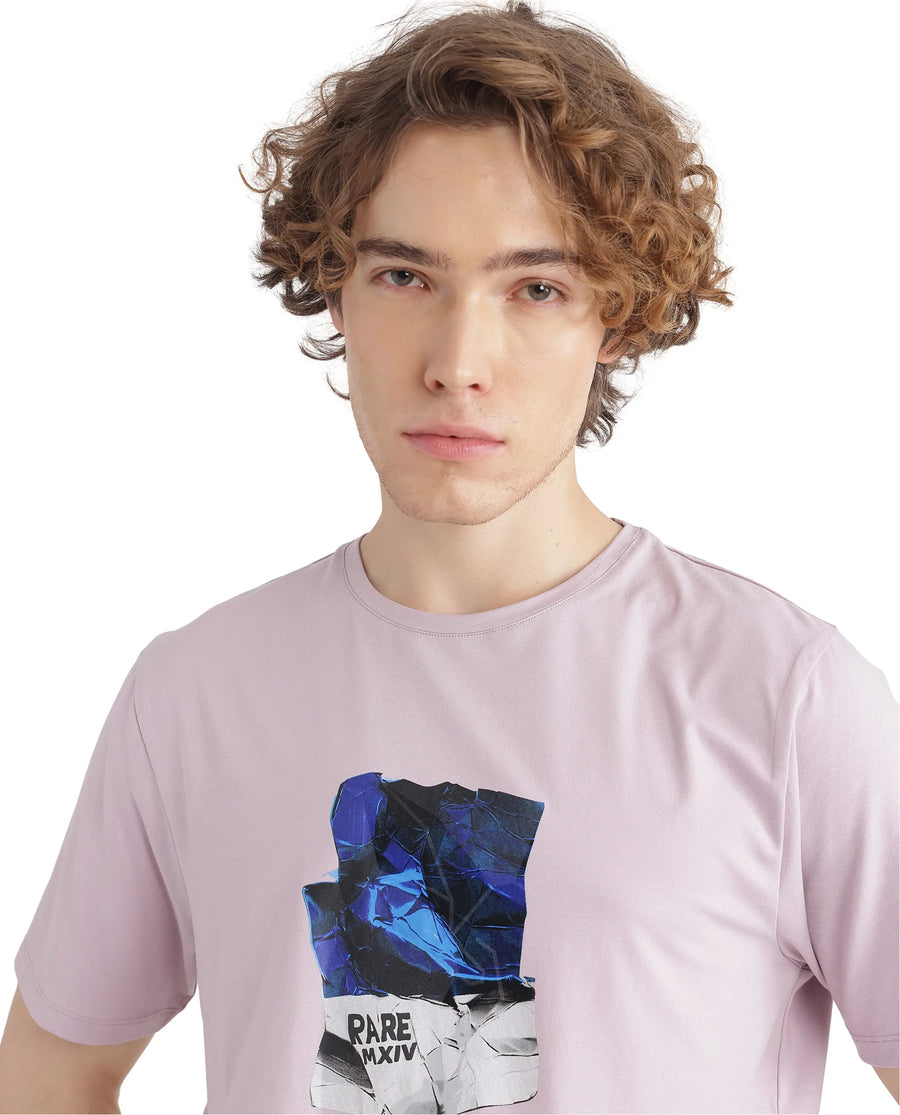 Rare Rabbit Men's Zarf Dusky Pink Cotton Blend Graphic Print Regular Fit Half Sleeve Crew Neck T-Shirt