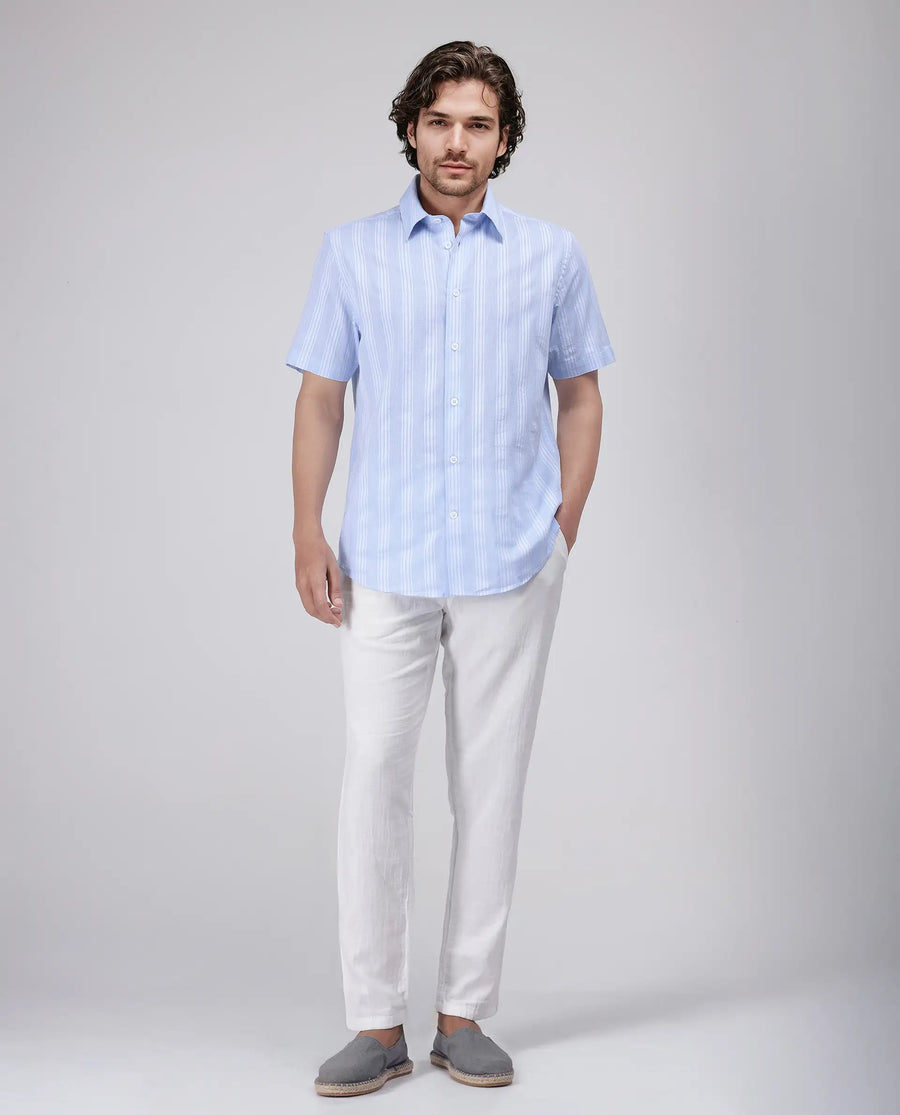 Rare Rabbit Men's Zark Pastel Blue Cotton Striped Print Regular Fit Half Sleeve Collared Shirt