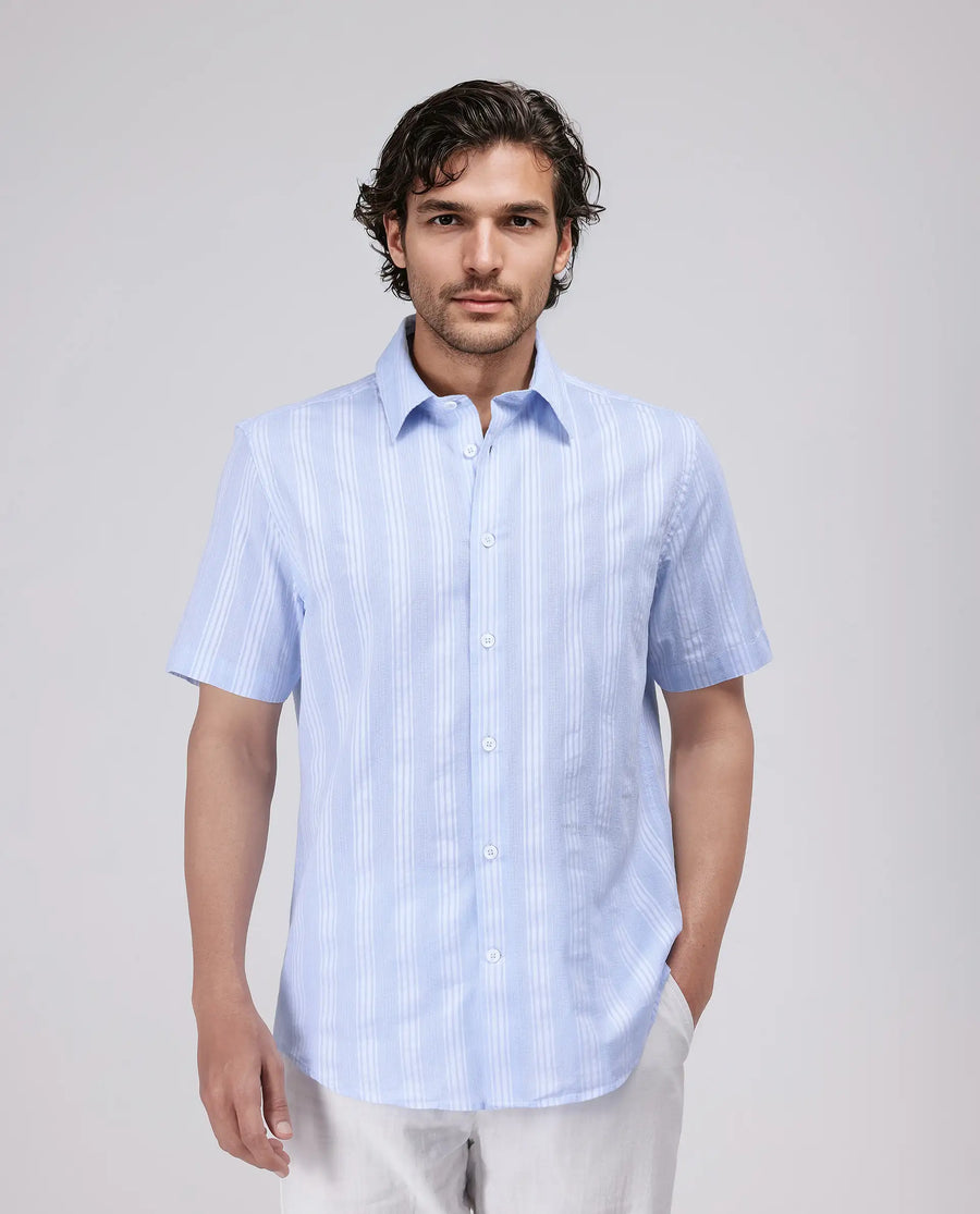 Rare Rabbit Men's Zark Pastel Blue Cotton Striped Print Regular Fit Half Sleeve Collared Shirt