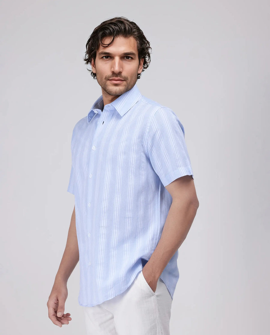 Rare Rabbit Men's Zark Pastel Blue Cotton Striped Print Regular Fit Half Sleeve Collared Shirt