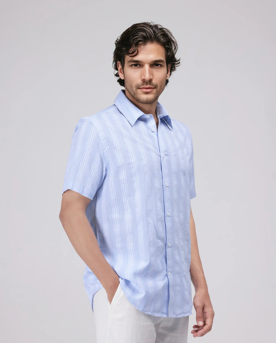 Rare Rabbit Men's Zark Pastel Blue Cotton Striped Print Regular Fit Half Sleeve Collared Shirt