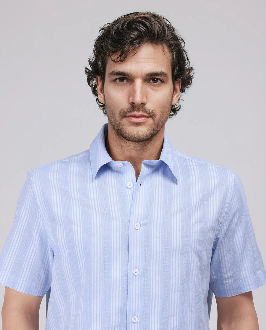 Rare Rabbit Men's Zark Pastel Blue Cotton Striped Print Regular Fit Half Sleeve Collared Shirt