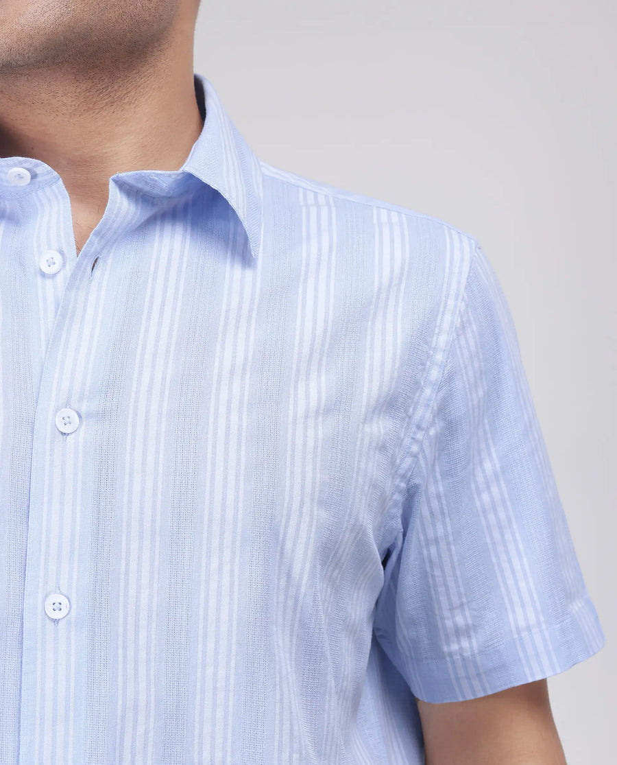Rare Rabbit Men's Zark Pastel Blue Cotton Striped Print Regular Fit Half Sleeve Collared Shirt