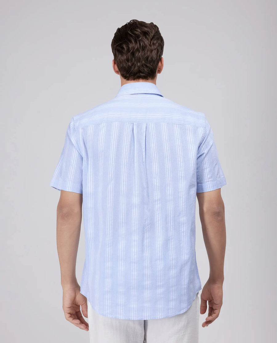 Rare Rabbit Men's Zark Pastel Blue Cotton Striped Print Regular Fit Half Sleeve Collared Shirt