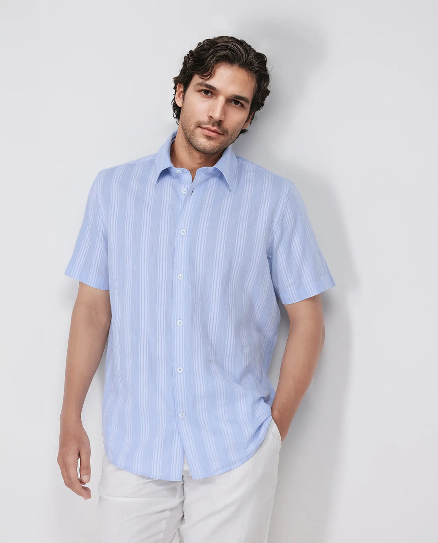Rare Rabbit Men's Zark Pastel Blue Cotton Striped Print Regular Fit Half Sleeve Collared Shirt