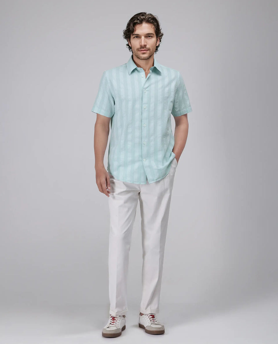 Rare Rabbit Men's Zark Pastel Green Cotton Striped Print Regular Fit Half Sleeve Collared Shirt
