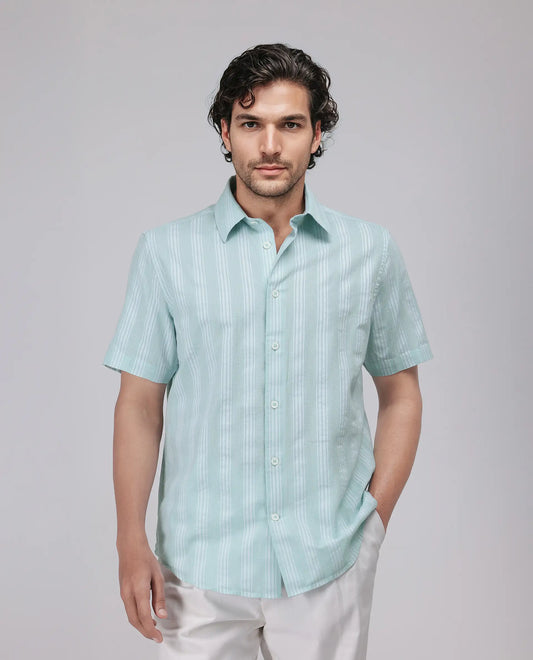 Rare Rabbit Men's Zark Pastel Green Cotton Striped Print Regular Fit Half Sleeve Collared Shirt