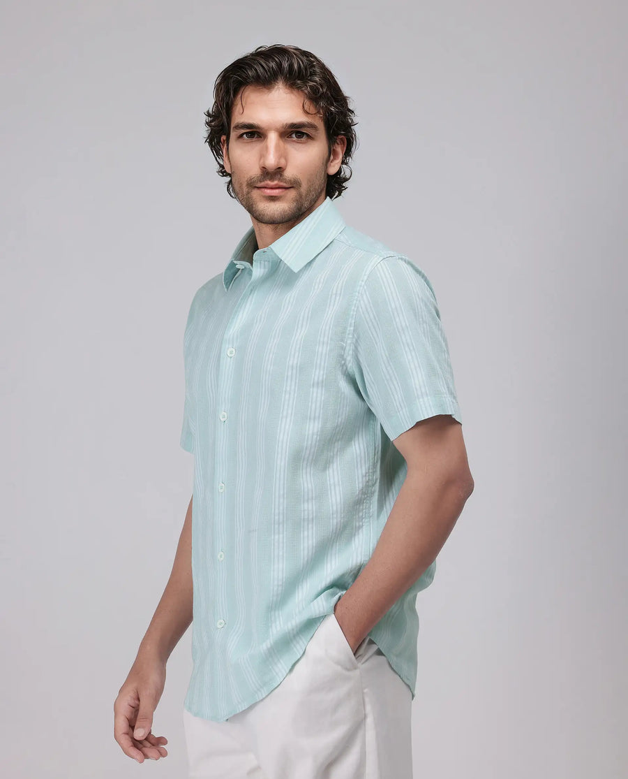 Rare Rabbit Men's Zark Pastel Green Cotton Striped Print Regular Fit Half Sleeve Collared Shirt