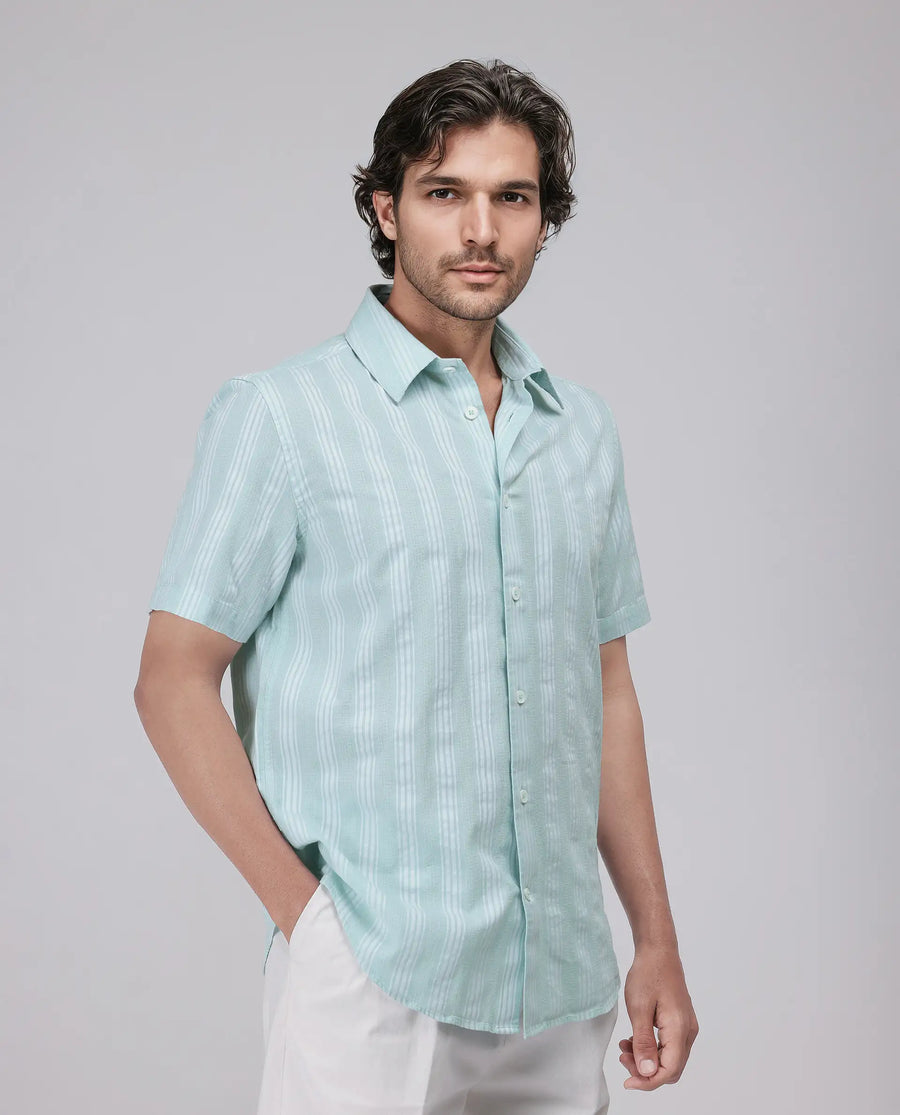 Rare Rabbit Men's Zark Pastel Green Cotton Striped Print Regular Fit Half Sleeve Collared Shirt