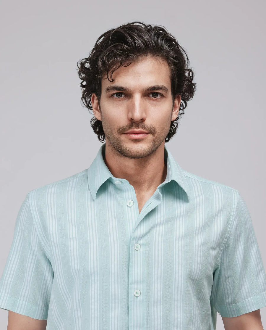 Rare Rabbit Men's Zark Pastel Green Cotton Striped Print Regular Fit Half Sleeve Collared Shirt