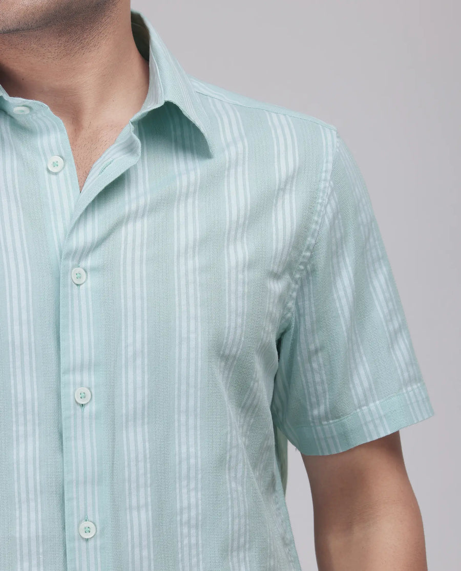 Rare Rabbit Men's Zark Pastel Green Cotton Striped Print Regular Fit Half Sleeve Collared Shirt