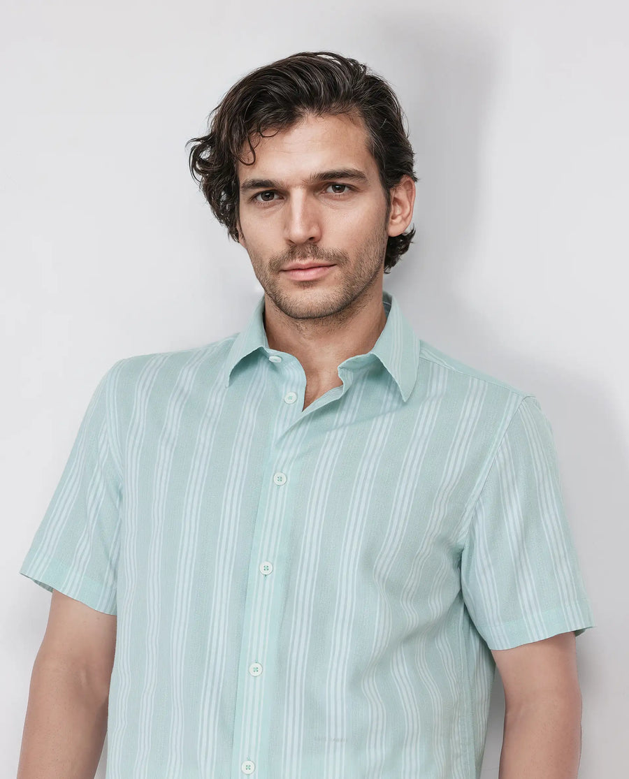 Rare Rabbit Men's Zark Pastel Green Cotton Striped Print Regular Fit Half Sleeve Collared Shirt