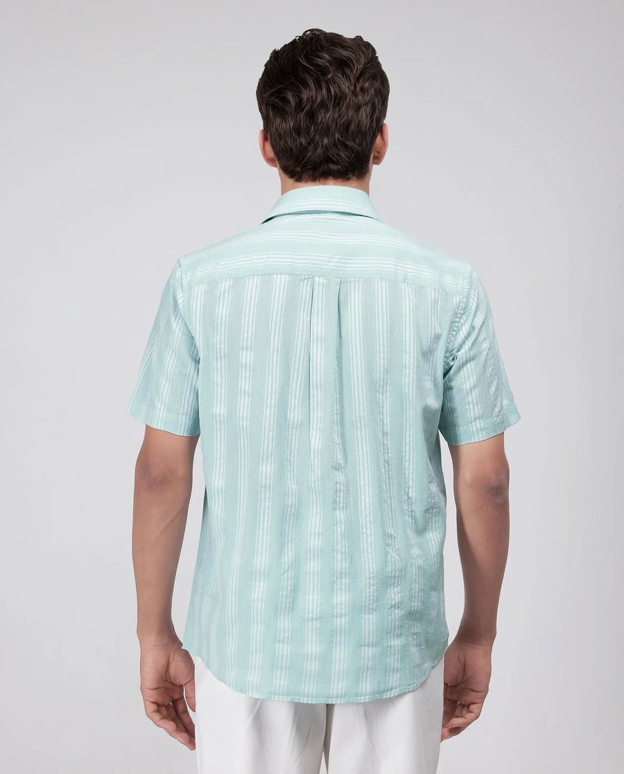 Rare Rabbit Men's Zark Pastel Green Cotton Striped Print Regular Fit Half Sleeve Collared Shirt