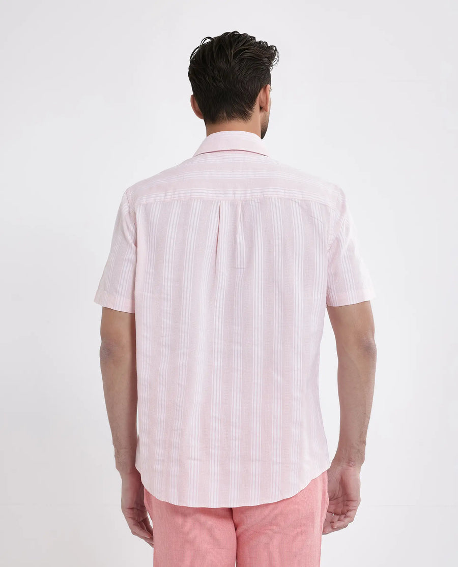 Rare Rabbit Men's Zark Pastel Peach Cotton Striped Print Regular Fit Half Sleeve Collared Shirt