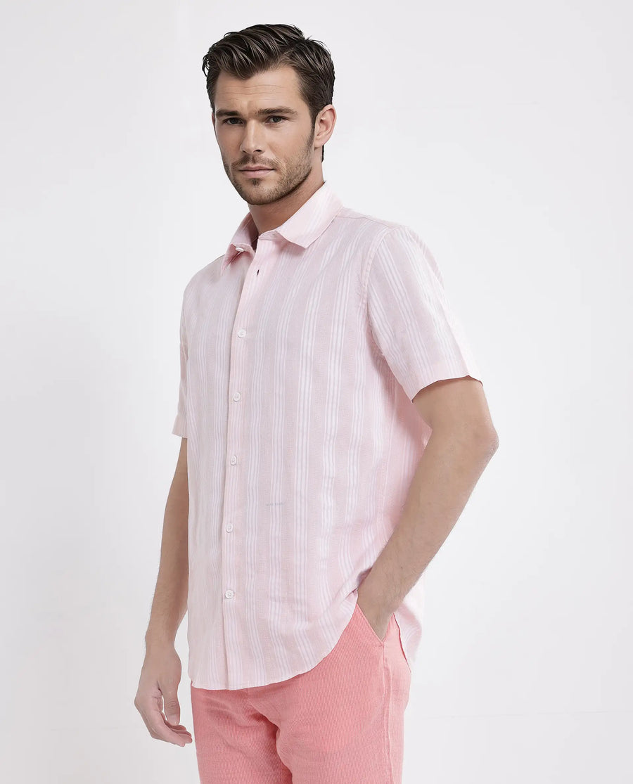 Rare Rabbit Men's Zark Pastel Peach Cotton Striped Print Regular Fit Half Sleeve Collared Shirt