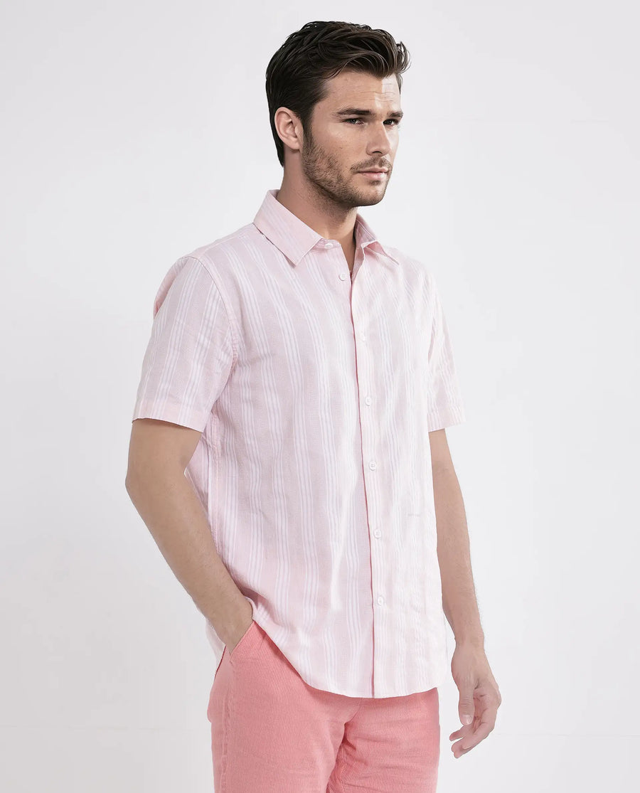 Rare Rabbit Men's Zark Pastel Peach Cotton Striped Print Regular Fit Half Sleeve Collared Shirt