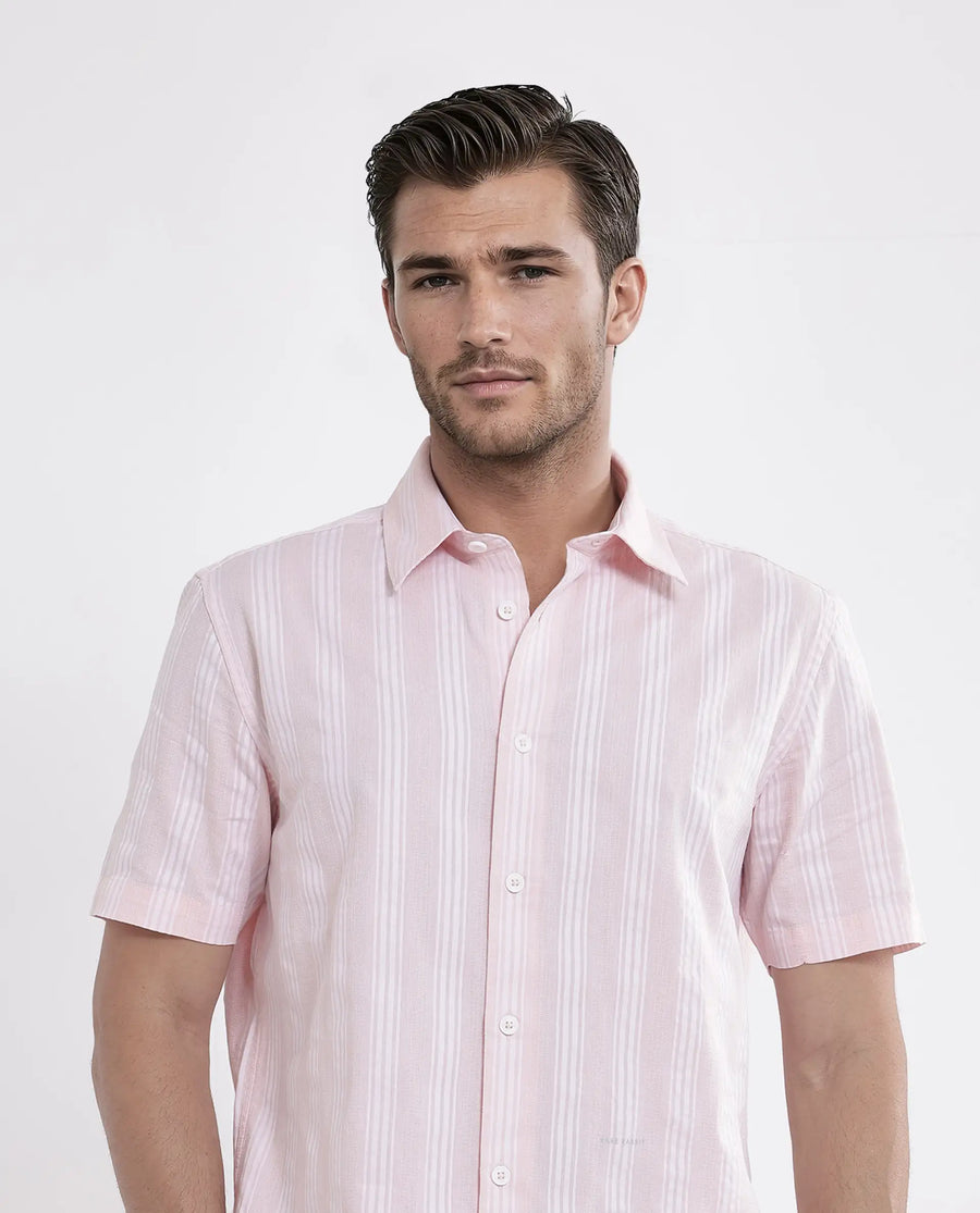 Rare Rabbit Men's Zark Pastel Peach Cotton Striped Print Regular Fit Half Sleeve Collared Shirt