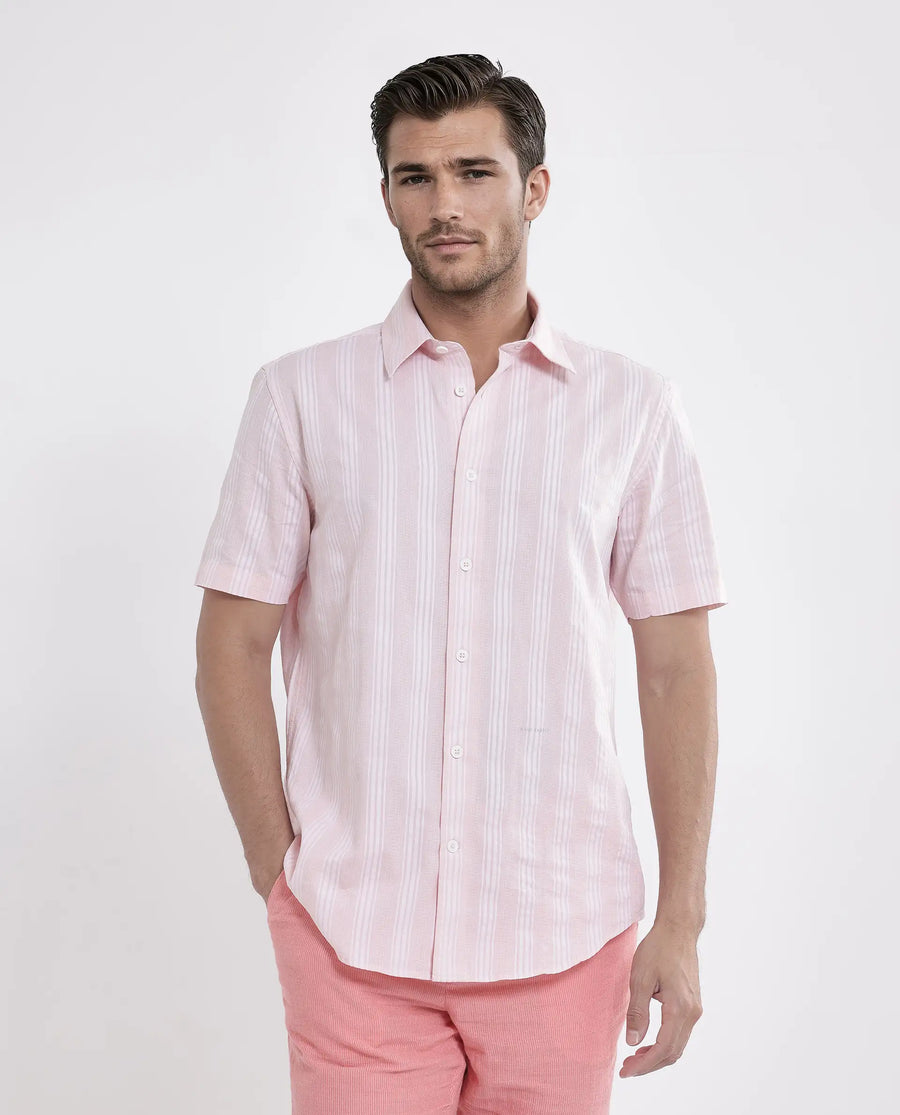 Rare Rabbit Men's Zark Pastel Peach Cotton Striped Print Regular Fit Half Sleeve Collared Shirt
