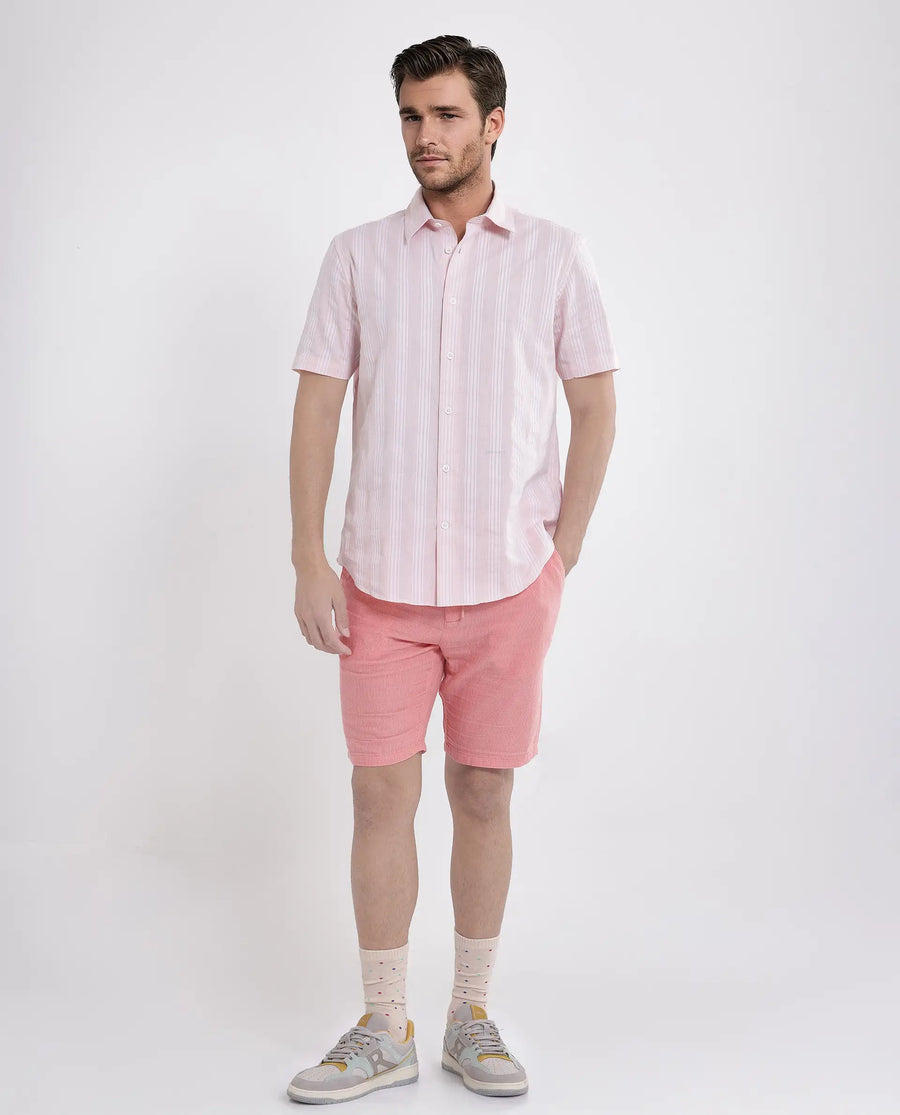 Rare Rabbit Men's Zark Pastel Peach Cotton Striped Print Regular Fit Half Sleeve Collared Shirt