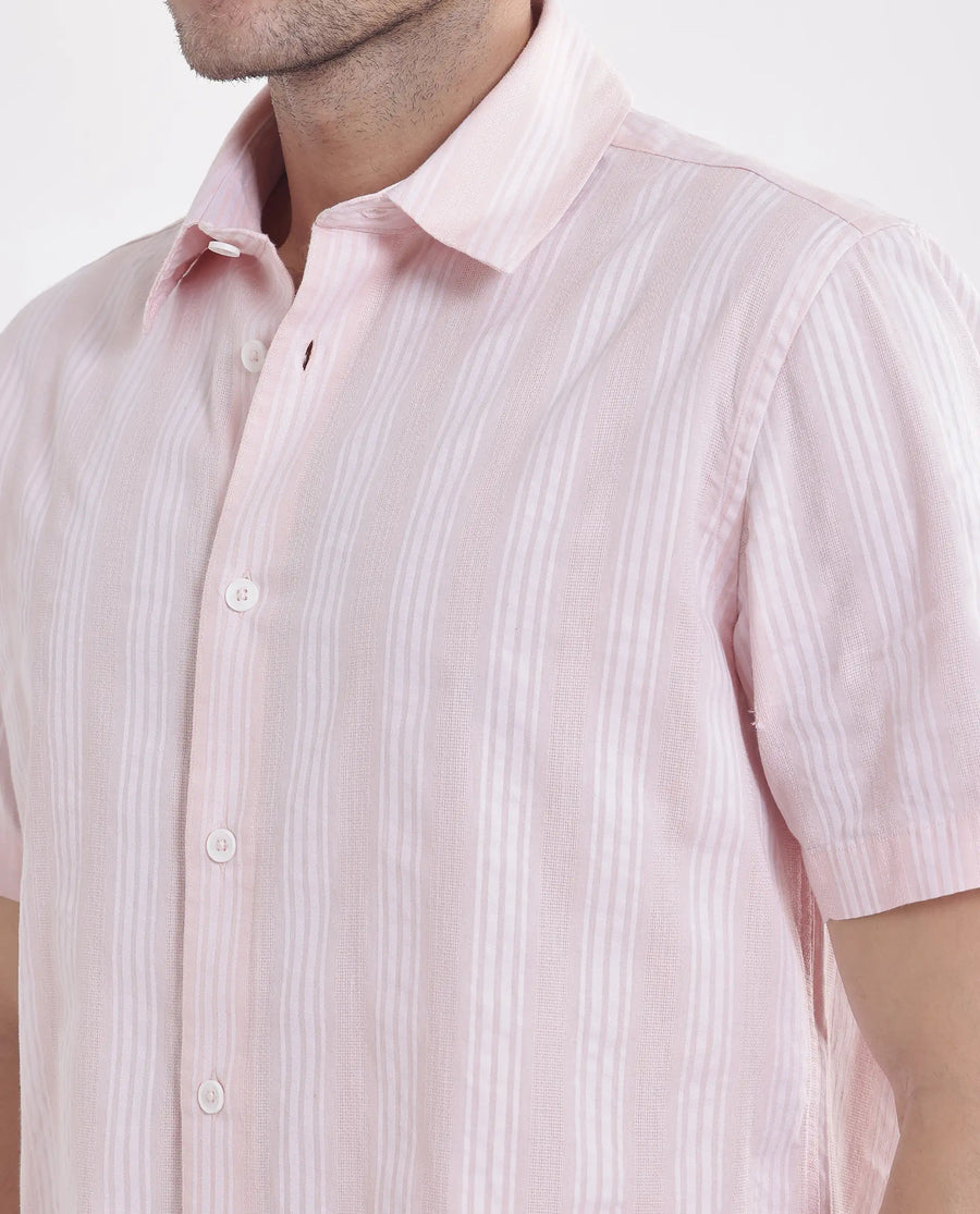 Rare Rabbit Men's Zark Pastel Peach Cotton Striped Print Regular Fit Half Sleeve Collared Shirt