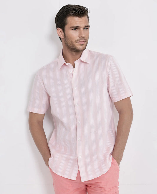 Rare Rabbit Men's Zark Pastel Peach Cotton Striped Print Regular Fit Half Sleeve Collared Shirt