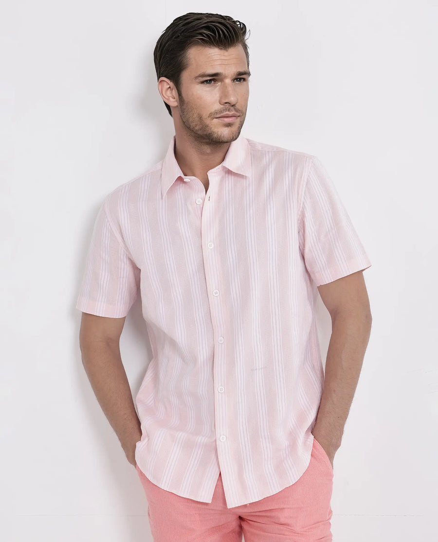 Rare Rabbit Men's Zark Pastel Peach Cotton Striped Print Regular Fit Half Sleeve Collared Shirt