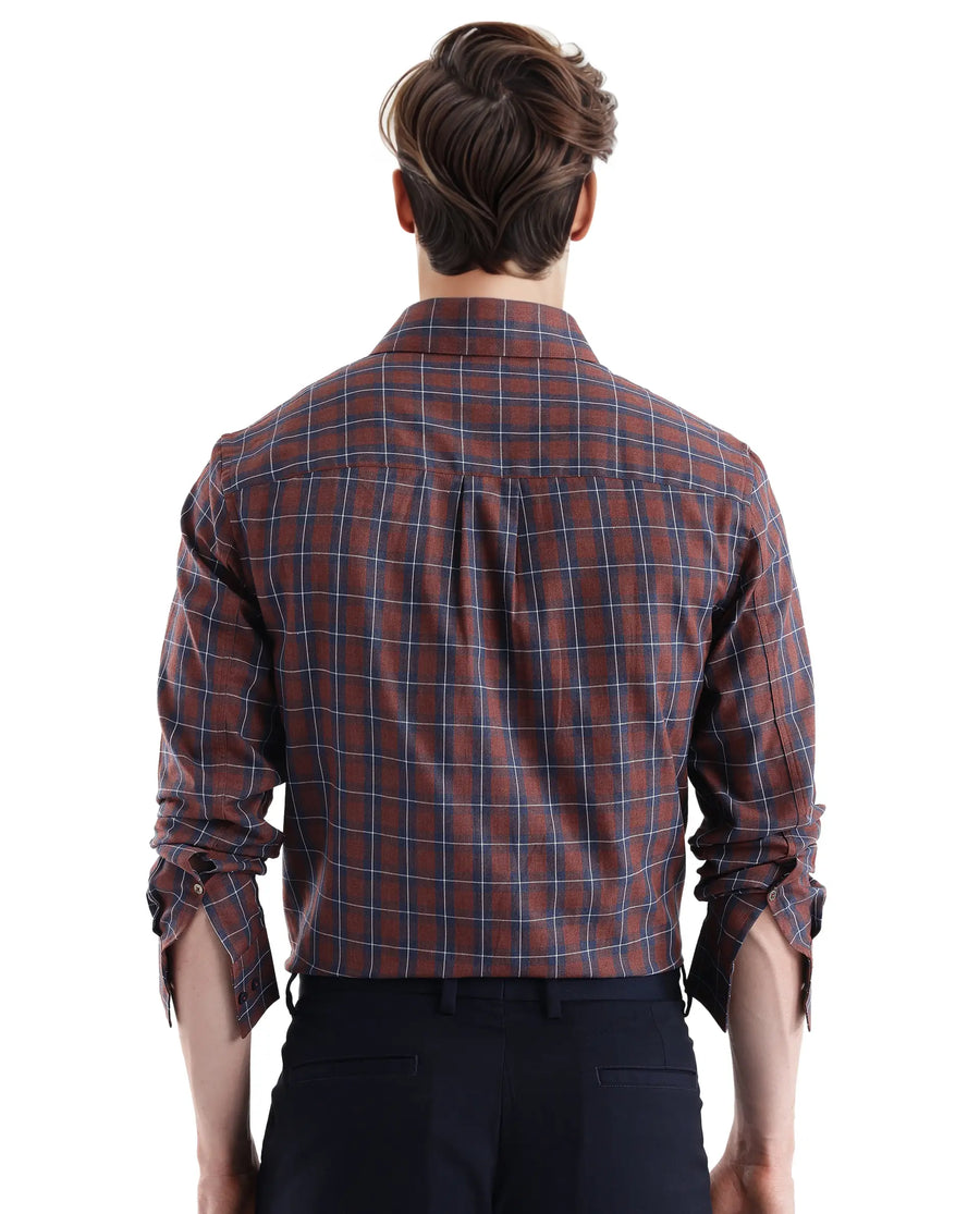 Rare Rabbit Men's Zary Brown Cotton Checked Print Regular Fit Full Sleeve Collared Shirt