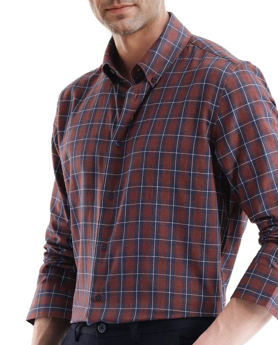 Rare Rabbit Men's Zary Brown Cotton Checked Print Regular Fit Full Sleeve Collared Shirt