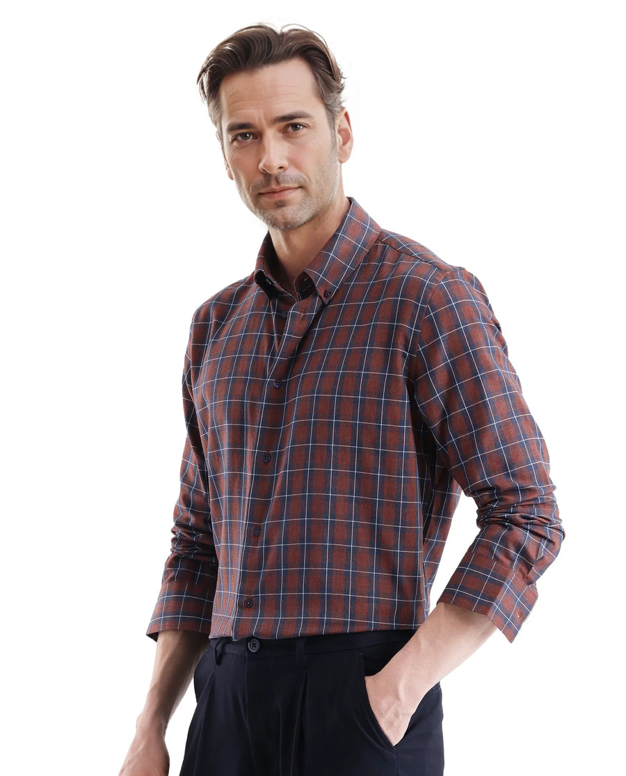 Rare Rabbit Men's Zary Brown Cotton Checked Print Regular Fit Full Sleeve Collared Shirt