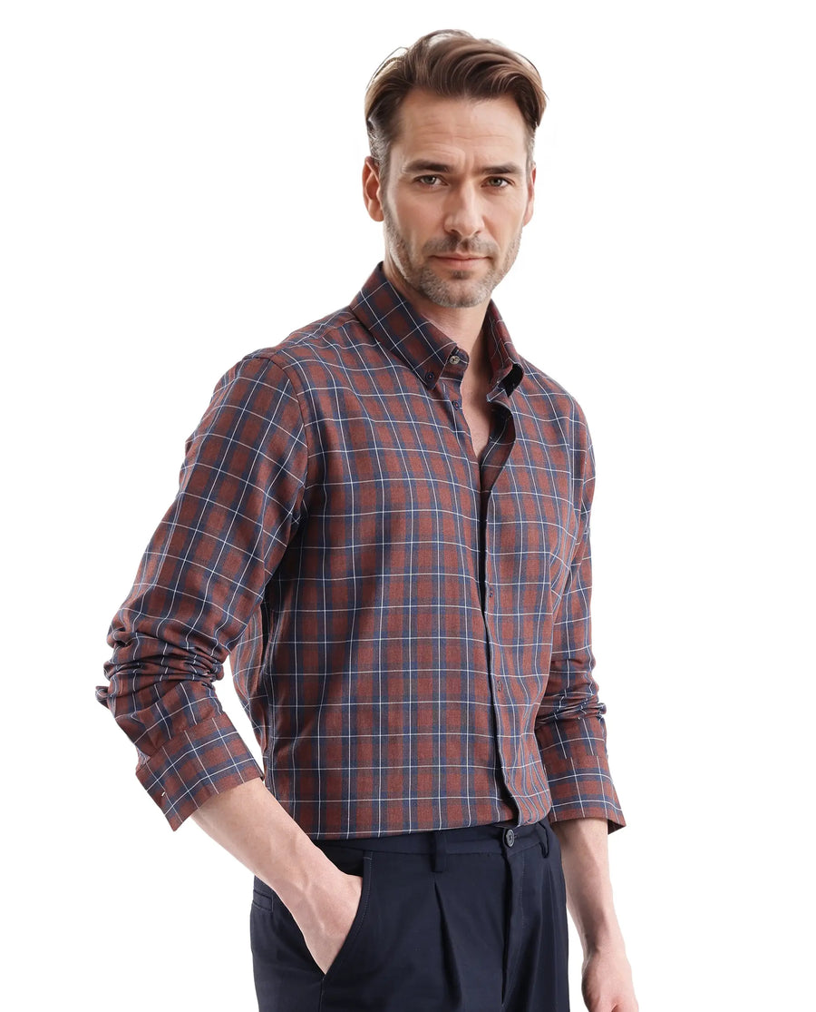 Rare Rabbit Men's Zary Brown Cotton Checked Print Regular Fit Full Sleeve Collared Shirt