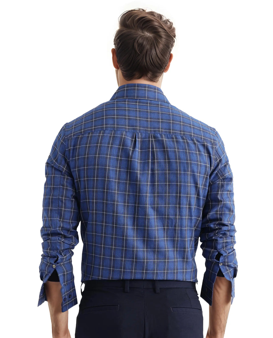 Rare Rabbit Men's Zary Dark Blue Checked Print Regular Fit Full Sleeve Collared Shirt