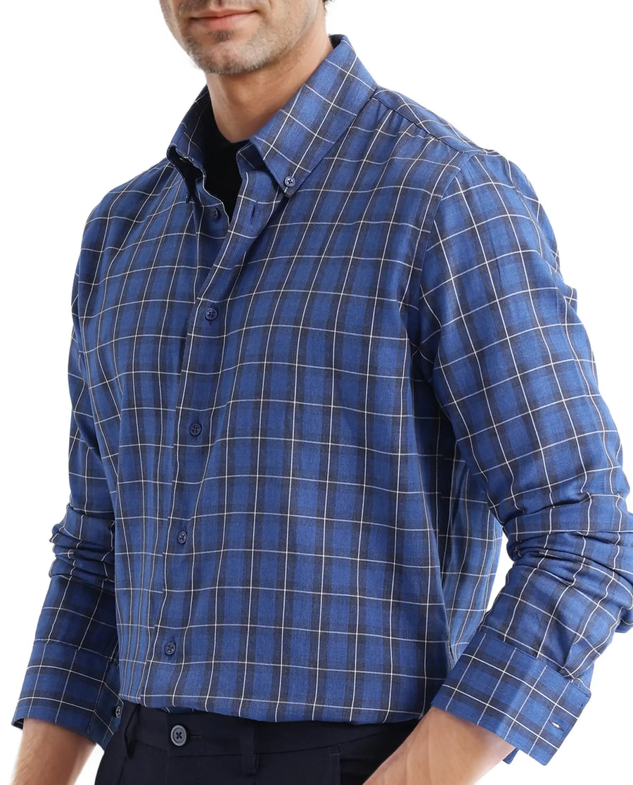 Rare Rabbit Men's Zary Dark Blue Checked Print Regular Fit Full Sleeve Collared Shirt