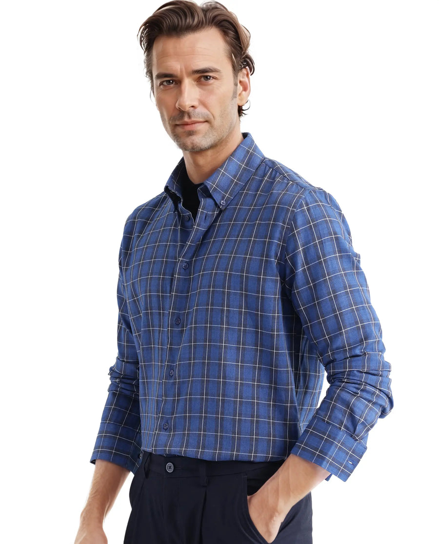 Rare Rabbit Men's Zary Dark Blue Checked Print Regular Fit Full Sleeve Collared Shirt