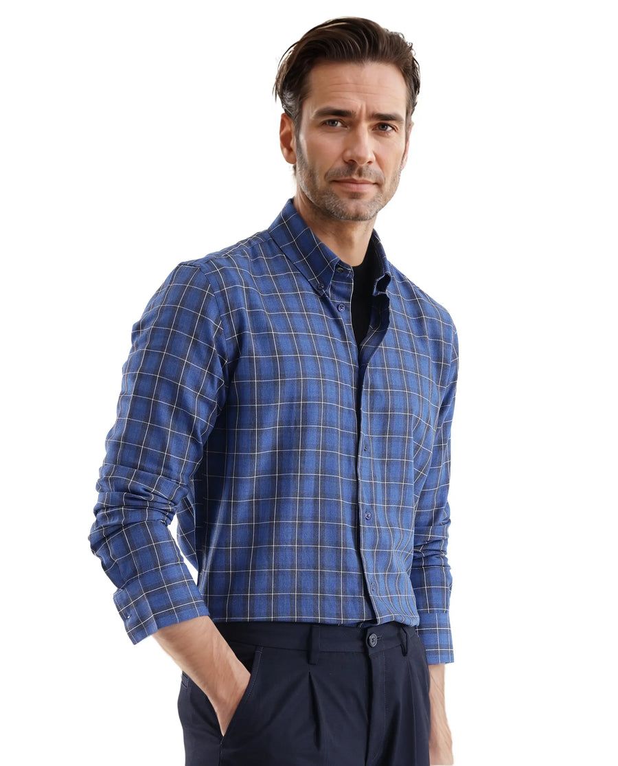 Rare Rabbit Men's Zary Dark Blue Checked Print Regular Fit Full Sleeve Collared Shirt