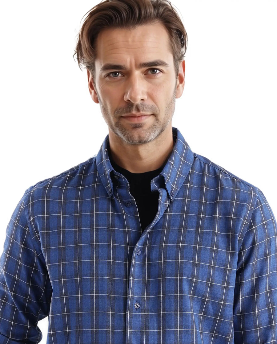 Rare Rabbit Men's Zary Dark Blue Checked Print Regular Fit Full Sleeve Collared Shirt