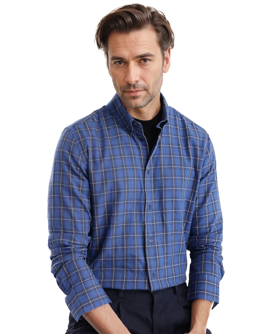 Rare Rabbit Men's Zary Dark Blue Checked Print Regular Fit Full Sleeve Collared Shirt