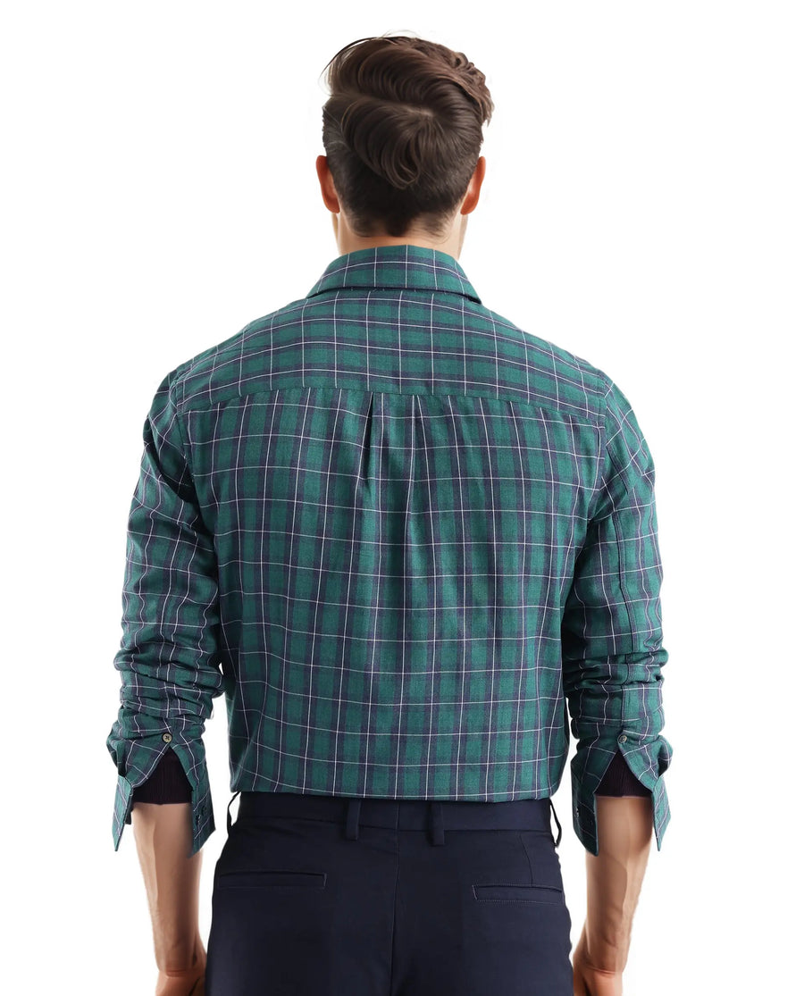 Rare Rabbit Men's Zary Dark Green Cotton Checked Print Regular Fit Full Sleeve Collared Shirt