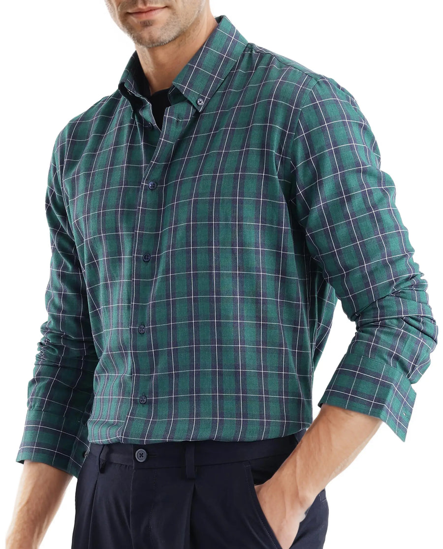 Rare Rabbit Men's Zary Dark Green Cotton Checked Print Regular Fit Full Sleeve Collared Shirt