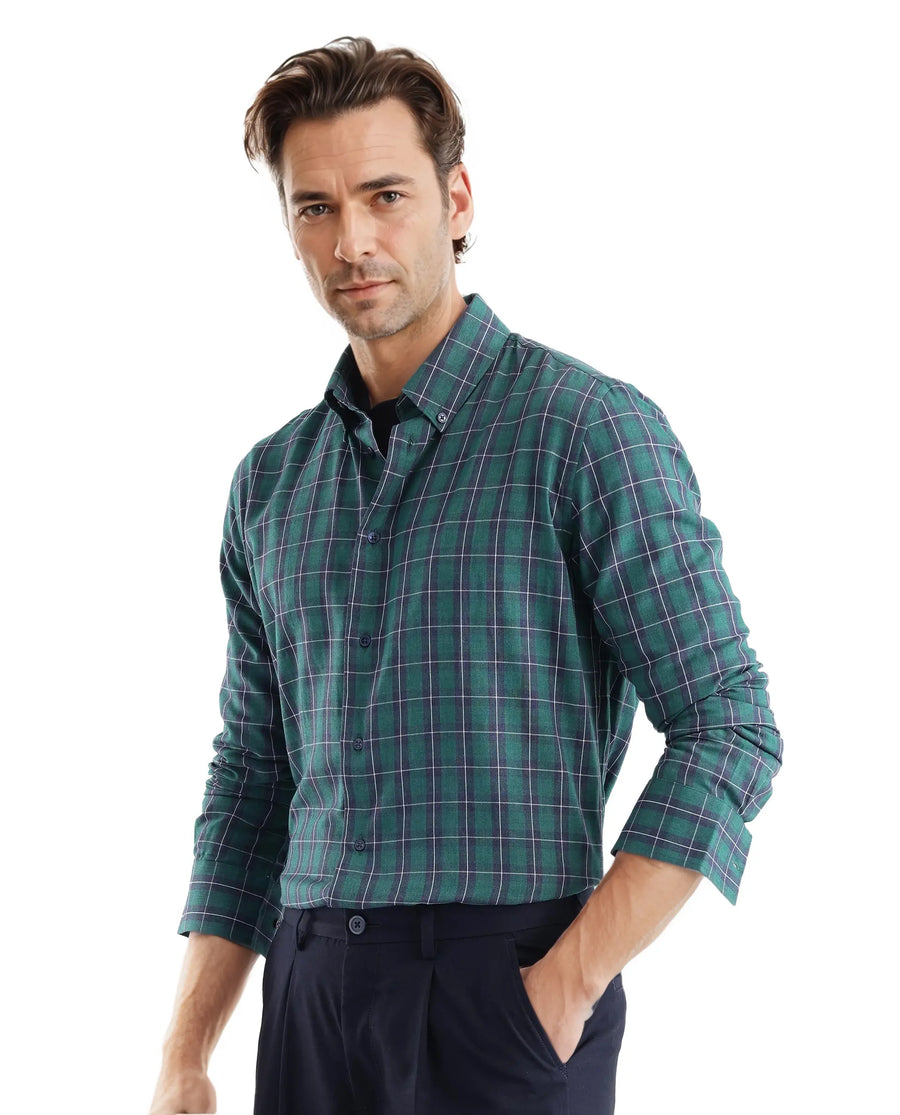 Rare Rabbit Men's Zary Dark Green Cotton Checked Print Regular Fit Full Sleeve Collared Shirt