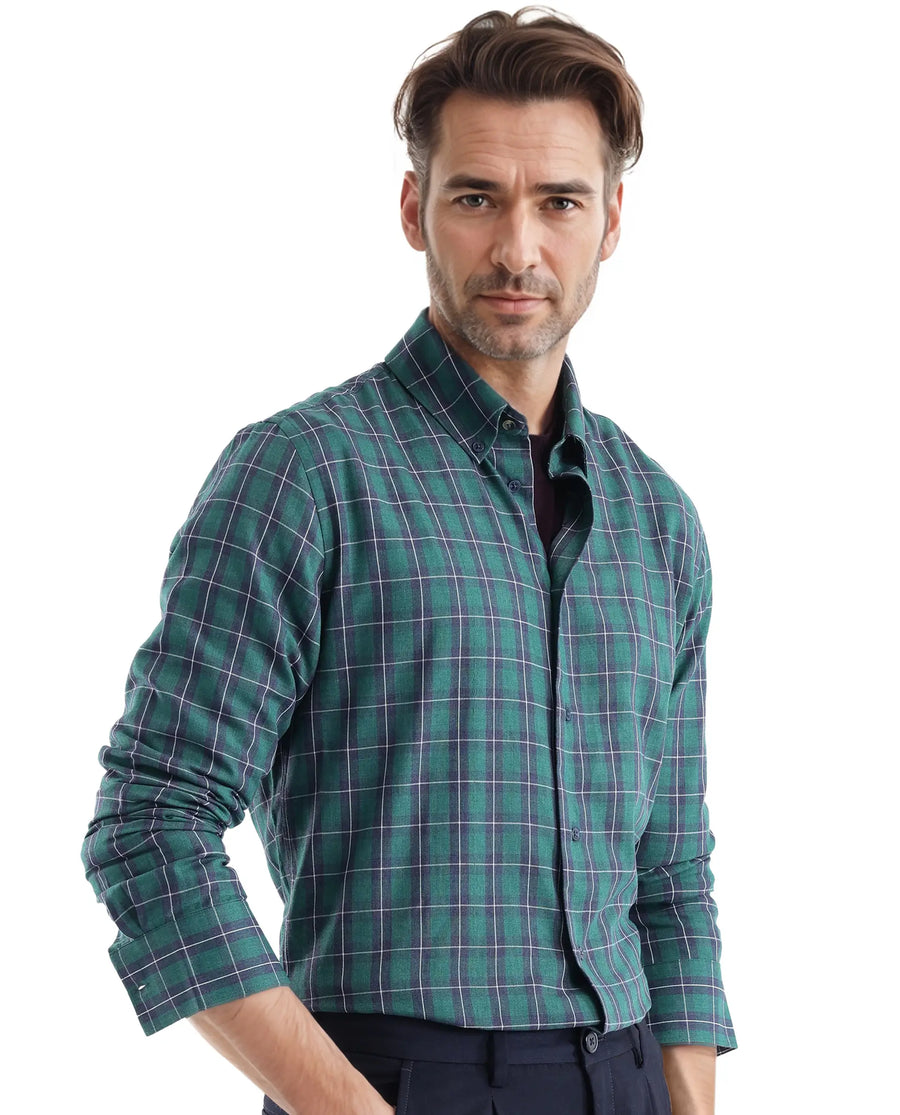 Rare Rabbit Men's Zary Dark Green Cotton Checked Print Regular Fit Full Sleeve Collared Shirt