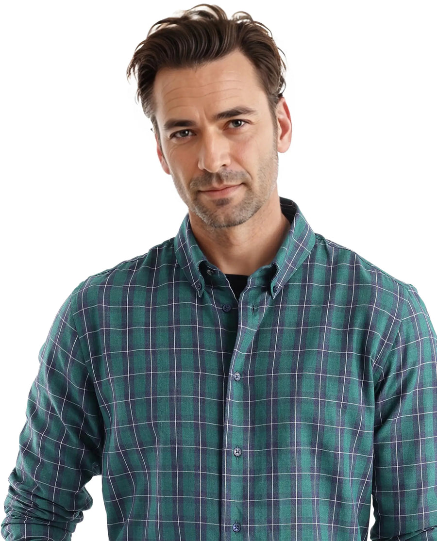 Rare Rabbit Men's Zary Dark Green Cotton Checked Print Regular Fit Full Sleeve Collared Shirt