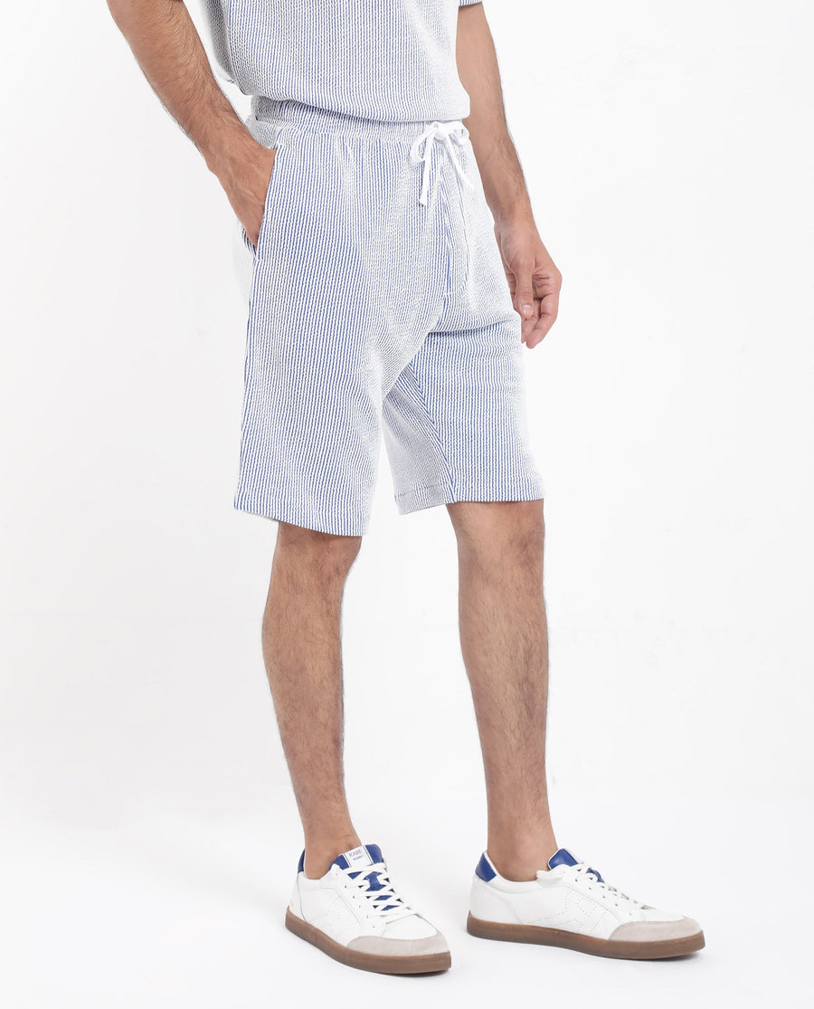 Rare Rabbit Men's Zavet-B Blue Cotton Blend Striped Print Regular Fit Shorts