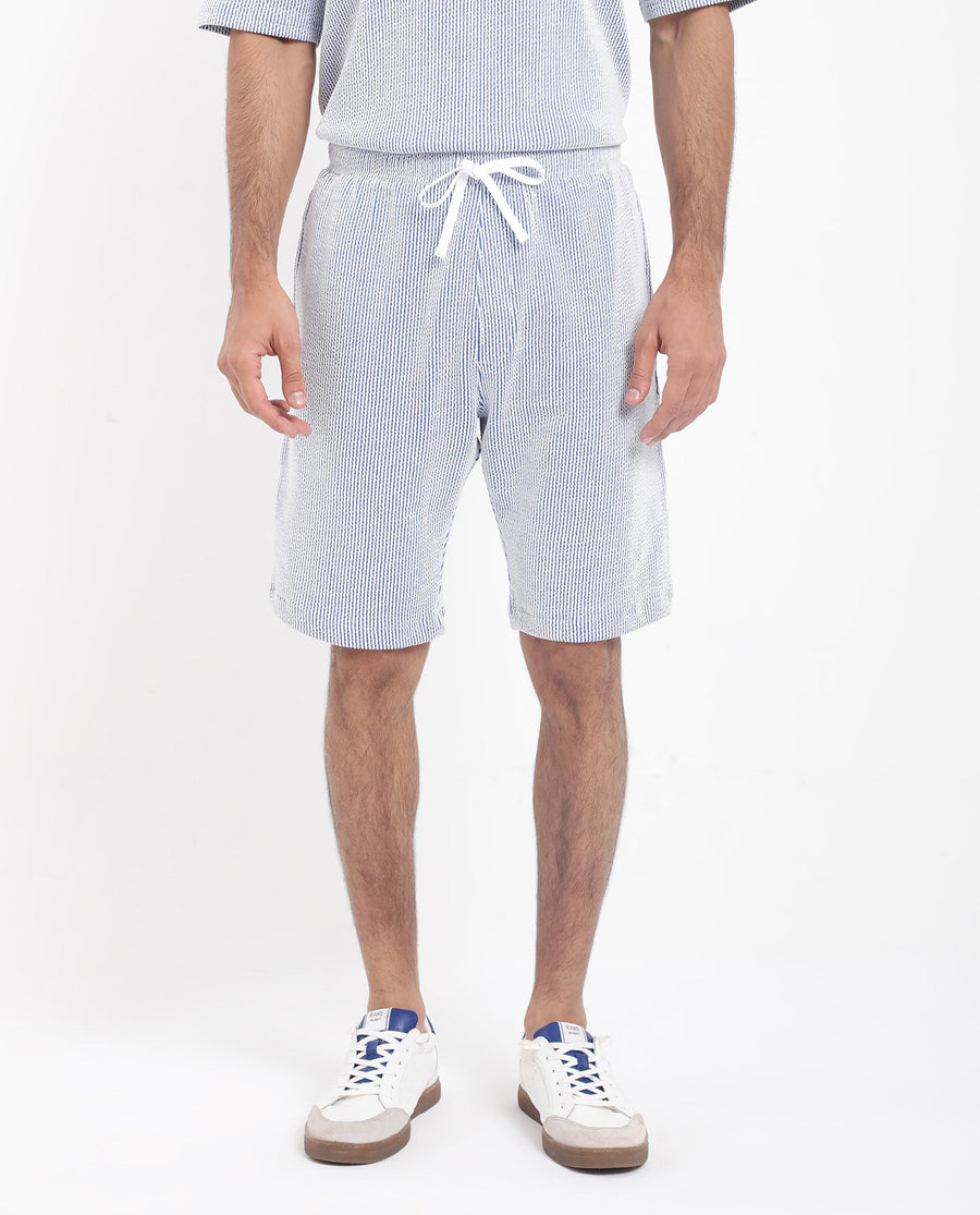 Rare Rabbit Men's Zavet-B Blue Cotton Blend Striped Print Regular Fit Shorts
