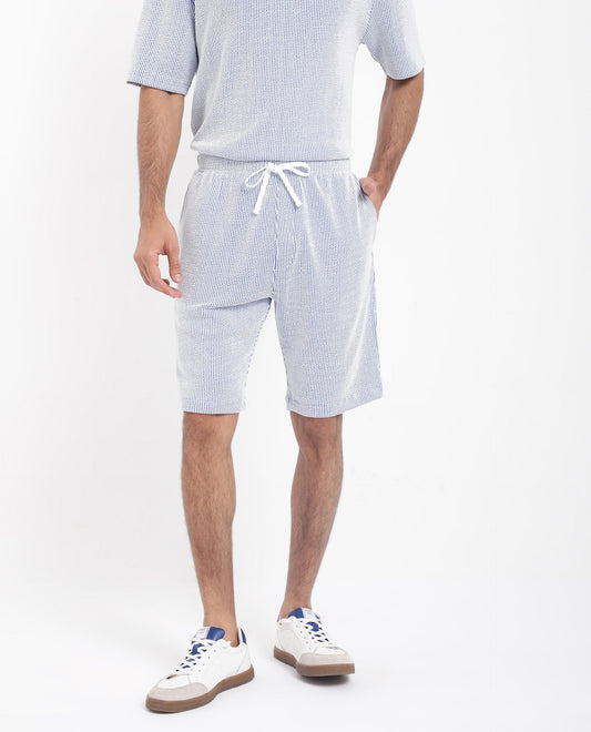 Rare Rabbit Men's Zavet-B Blue Cotton Blend Striped Print Regular Fit Shorts