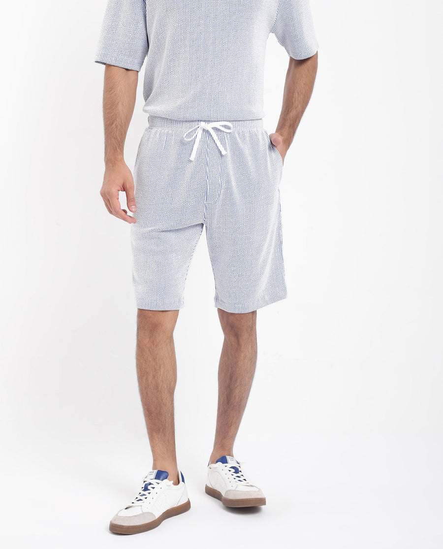 Rare Rabbit Men's Zavet-B Blue Cotton Blend Striped Print Regular Fit Shorts
