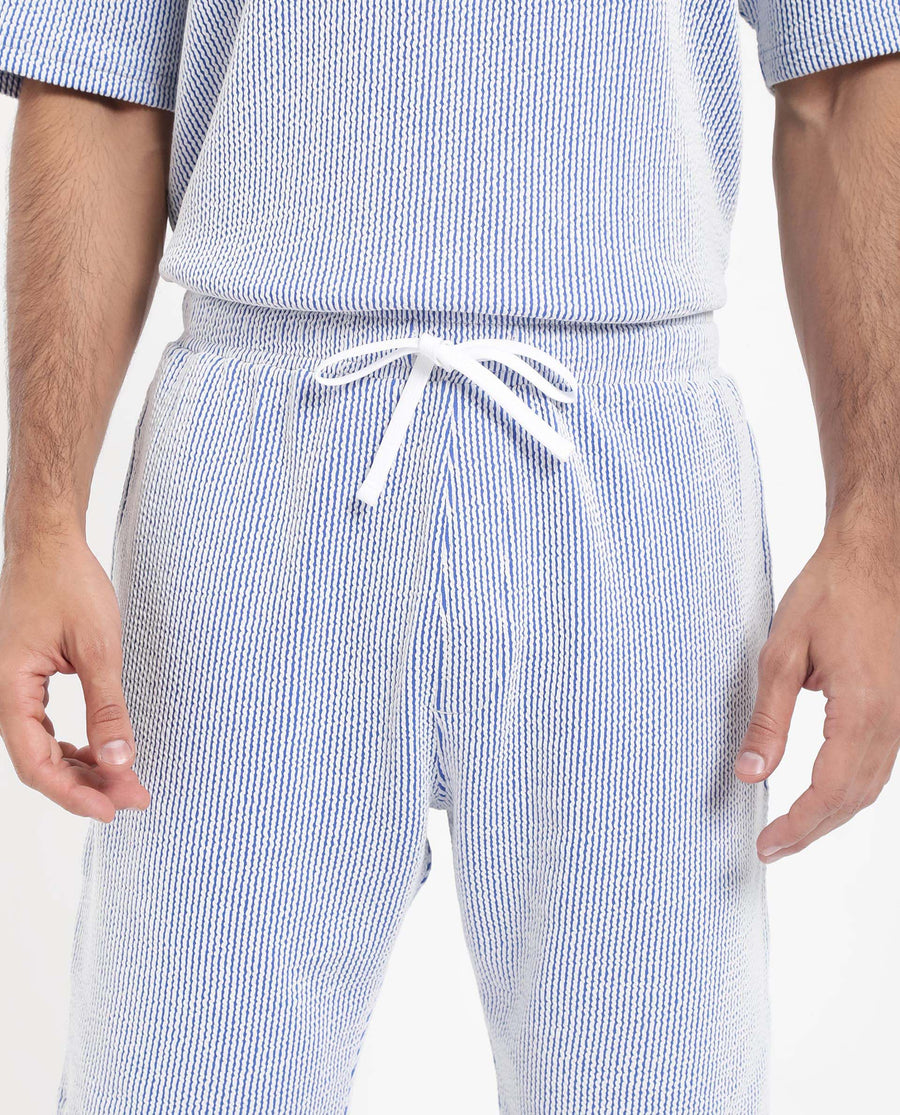 Rare Rabbit Men's Zavet-B Blue Cotton Blend Striped Print Regular Fit Shorts