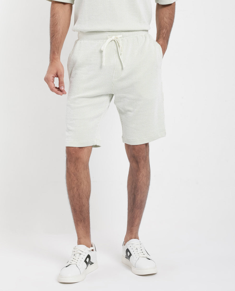 Rare Rabbit Men's Zavet-B Light Green Cotton Blend Striped Print Regular Fit Shorts