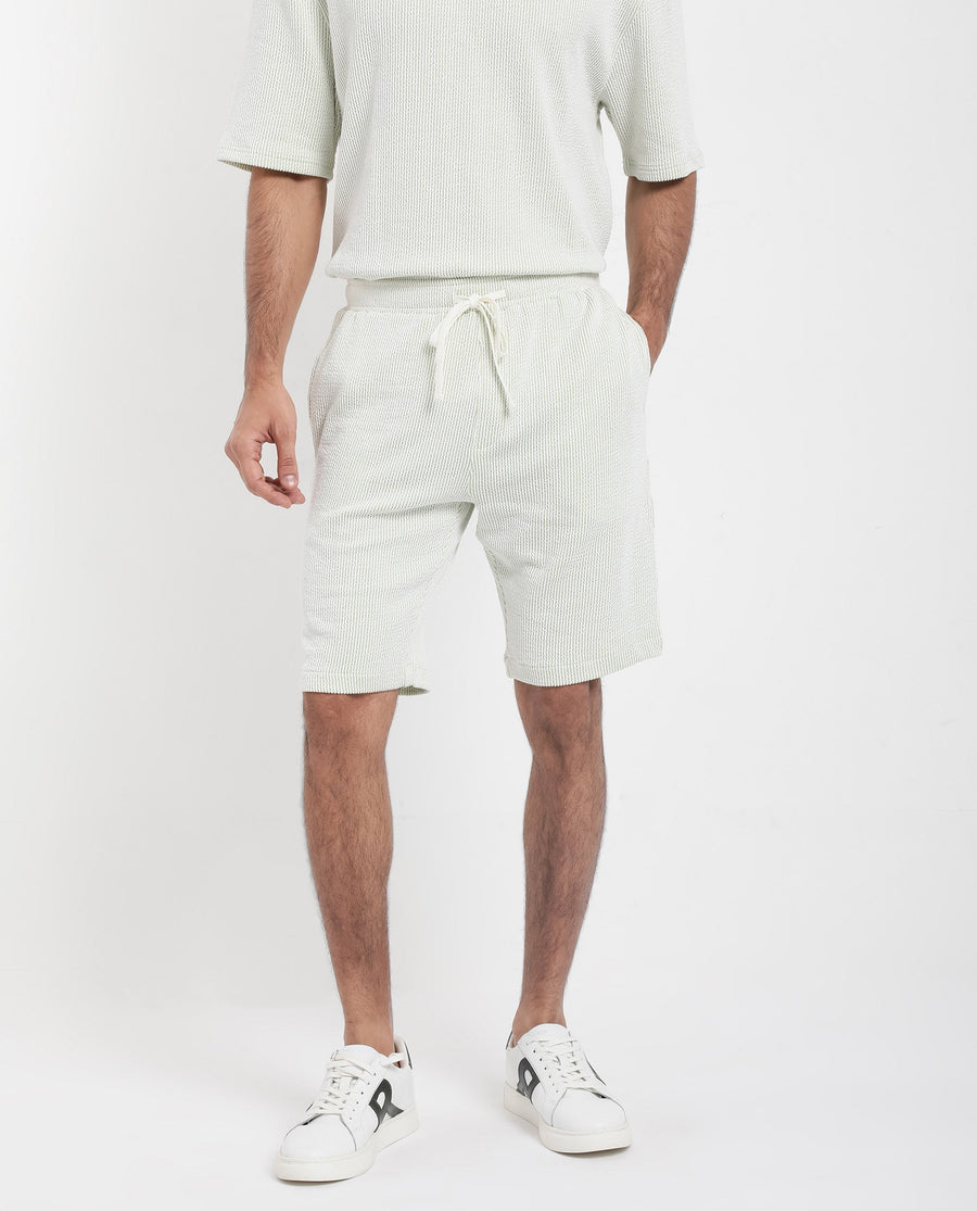 Rare Rabbit Men's Zavet-B Light Green Cotton Blend Striped Print Regular Fit Shorts